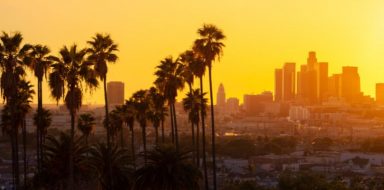 Los Angeles skyline at sunrise.